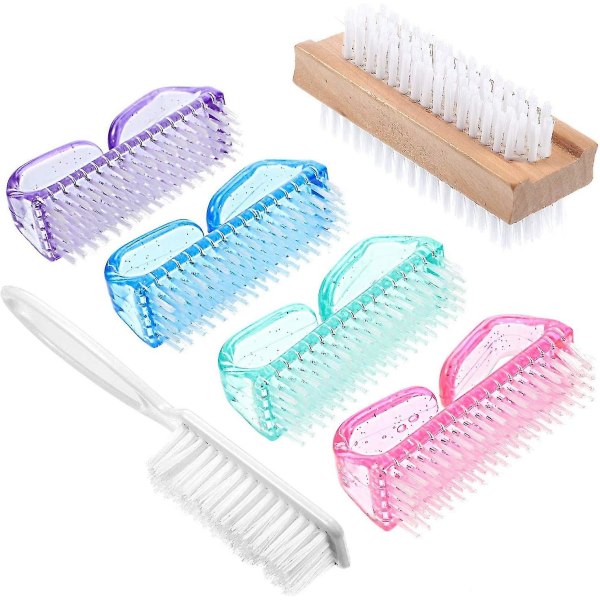 6 Pieces Nail Brush Kit Hand Fingernail Brush Double Sided Wooden Nail Brush Long Handle Grip Nail Brush For Toes Nails Cleaning