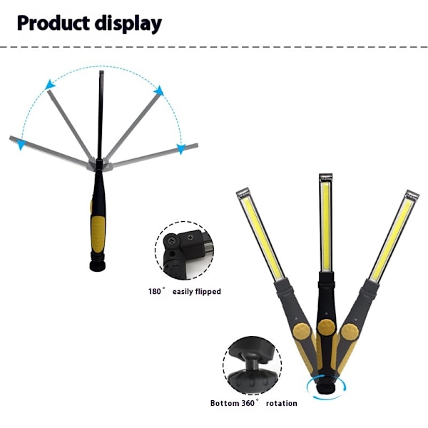 Gul återuppladdningsbar arbetsbelysning, LED-arbetsbelysning med upphängningskrok Stark magnetisk kraft kommer inte att låta den falla av
