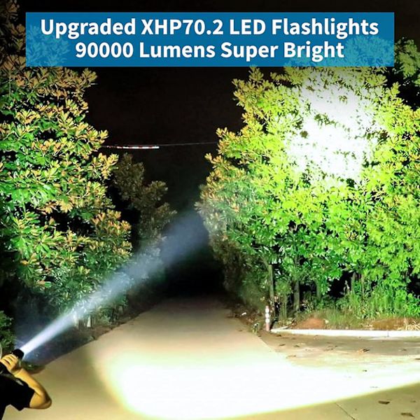 Led ficklampor uppladdningsbara höga lumen, 90000 lumen superljusa taktiska ficklampor, Xhp70.2 zoombar vattentät ficklampa 5 lägen för camping