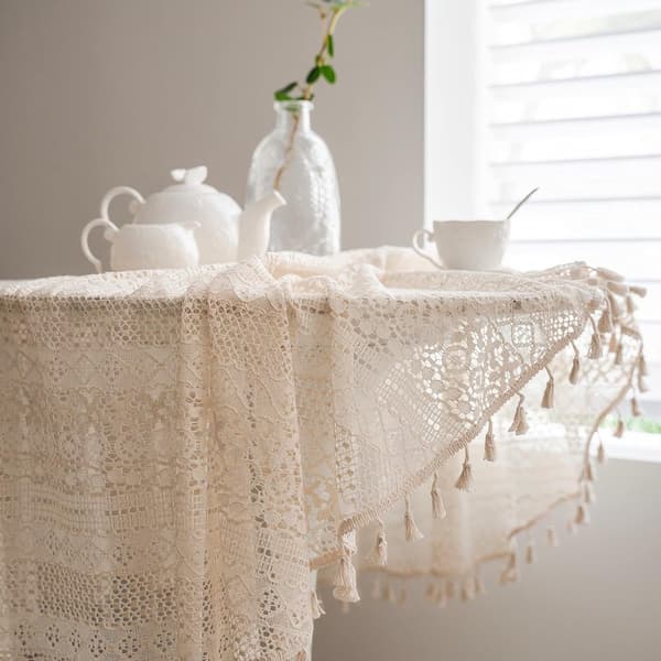 Rund virkad spetsduk 60% bomull i boho-stil med tofsar 150 cm beige bordsduk för matsal bröllopsfest heminredning