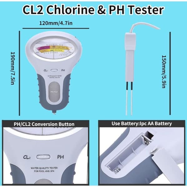 Klor og pH CL2 Tester, Multifunktionel LCD Digital Tester, Klor Niveau Tester med Probe, til Swimmingpool og Spa