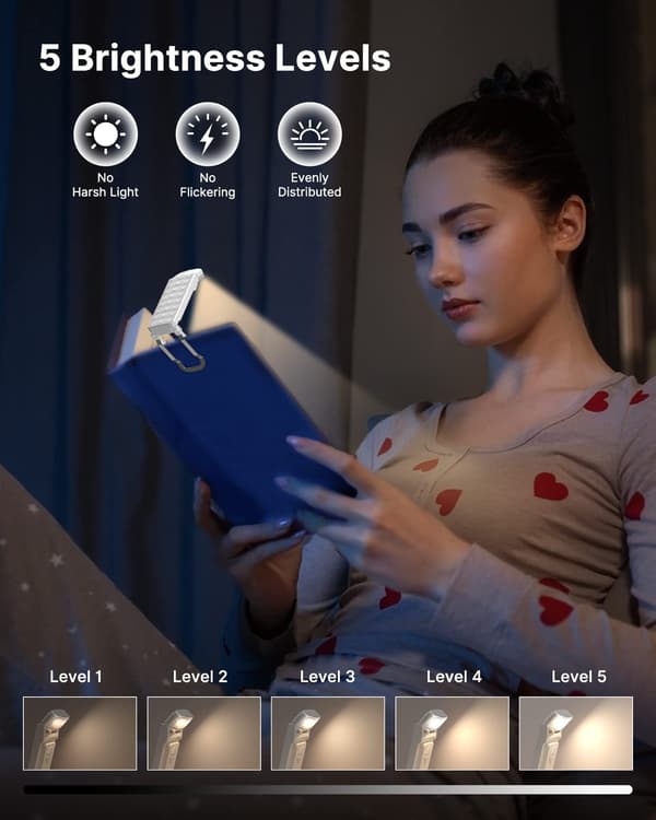 Rechargeable Book Light, Eye-Caring Reading Light with Clip, Portable LED Bookmark Lamp for Book Lovers