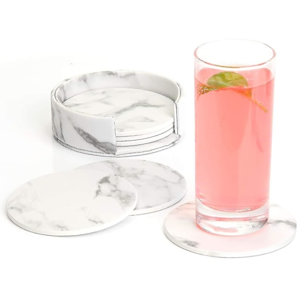 6pcs Leather Glass Coasters With Holder For Bar Office Home Marble