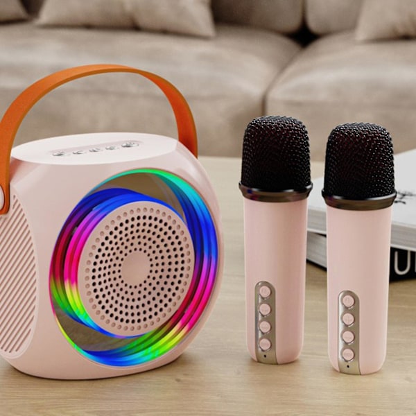 Bärbar Bluetooth-högtalare med 2 trådlösa mikrofoner för barn och vuxna med LED-lampor, presenter till flickor och pojkar födelsedagsfest - Snngv Rosa