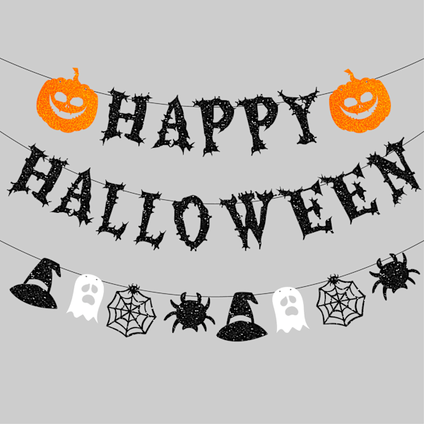 Glitrende Svart Happy Halloween Banner - 8.2 fot (1 stk) - Perfekt for Skumle Festligheter