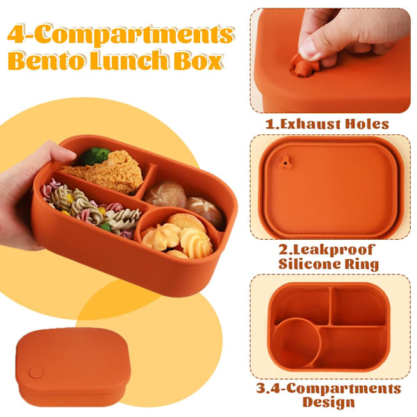 2 stk. silikone bento-boks, 4-rum bento-madkasser, lækagesikre salat bento-boks til frokost, mikroovnsikker