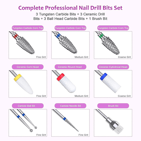 Nagelborr Bits Set, Elektrisk Nagelborr Bits Kit Keramik/volfram/diamant Karbid 3/32 Tum Nagel Bits För Filning Akrylnaglar Gelnaglar Ner Remo