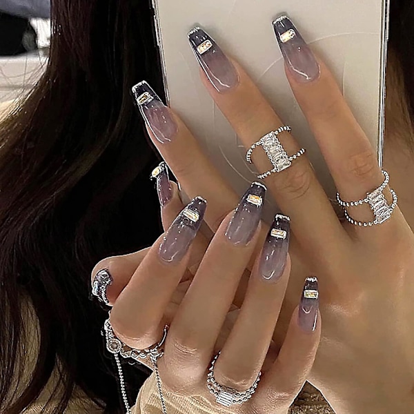 24 stk. Tryk på negle ekstra lange med designs, Chic Fashion Fake Coffin Nails med lim, Ballerina Glossy False Nails French Tip Acrylic Nails Tips Glu