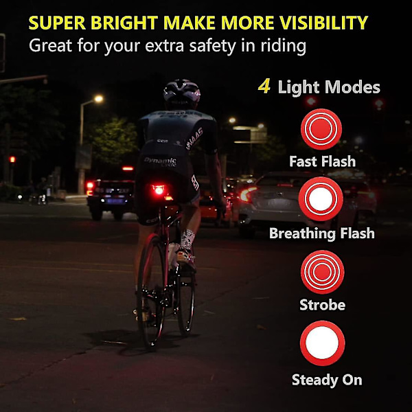 Smart cykel baglygte - Ultra lys bagbremselys - USB genopladelig LED baglygte - Vandtæt cykellygter til landevejscykling