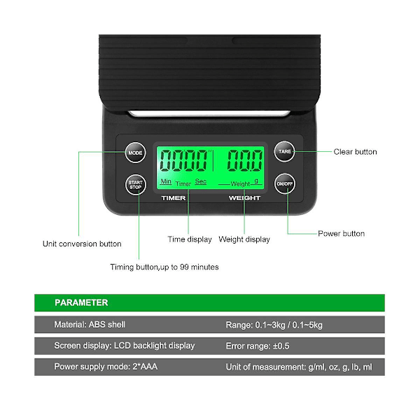 5 kg/0,1 g Droppkaffeskala med Timer Bärbar Elektronisk Digital Köksvåg LCD Elektronisk Vågskala