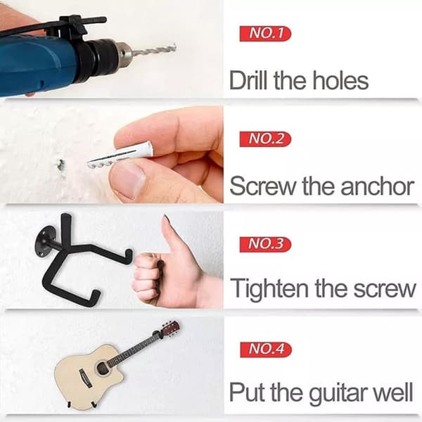 Guitar vægophæng, vandret metalkrog med silikonepolstring til akustisk/elektrisk guitar, ukulele og violin, sort