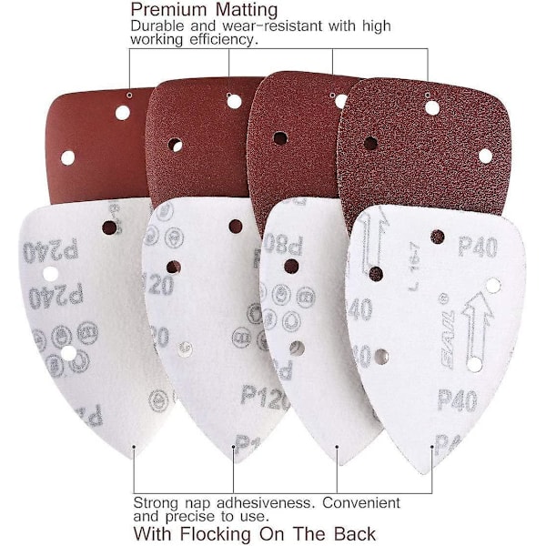 Pakke med 40 trekantede slibeark til 140 mm slibemaskiner, 5 huller slibepapir til detaljer
