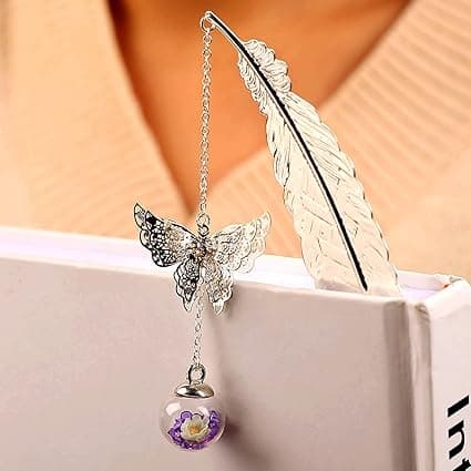 Silver Feather Bookmark Purple Pendant, Gift for Readers Silver+Purple