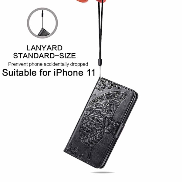 iPhone 11 -kotelo, iPhone 11 -kotelo korttipidikkeellä ja jalustalla naisille, tytöille ja pojille, iPhone 11 -lompakkokotelo, söpö, kestävä PU-nahkainen, musta Black for iPhone 11