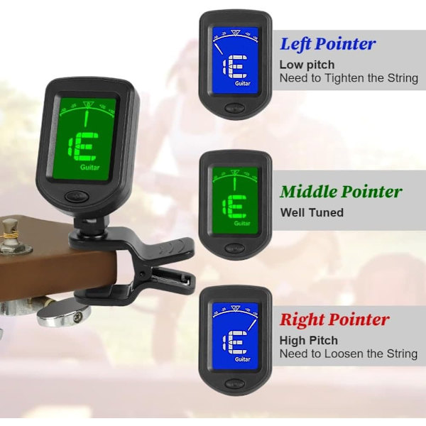 Gitarstemmer Clip-On, digitale stemmere for gitartilbehør med LCD-skjerm