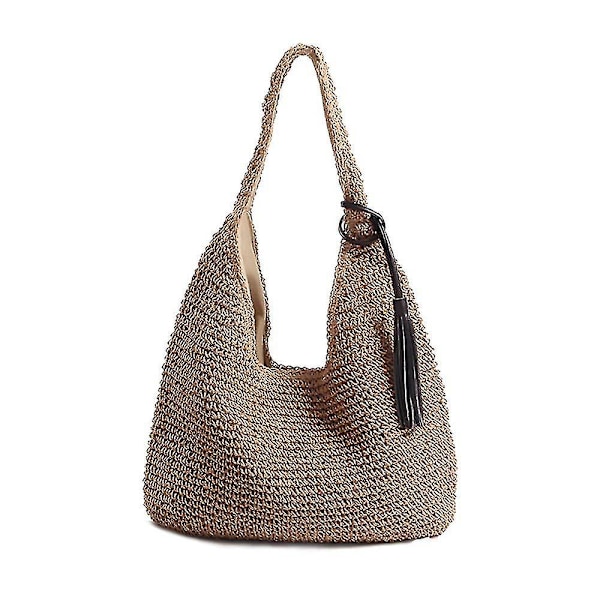 Handgjord mjuk stor halm axelväska med svarta tofsar Boho halmhandtag Tote Retro sommar