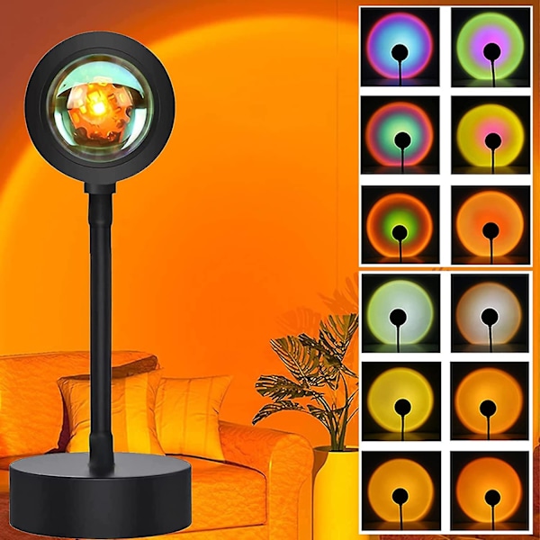 Solnedgangslampe 12 farver Led Regnbue Solnedgang Projektionslys Led Nattelys 360 Rotation Solnedgangslampe
