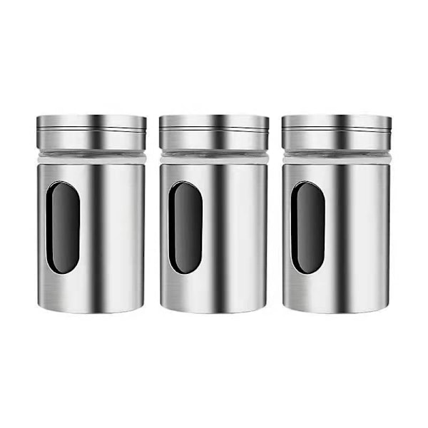 Set med 3 st pulversockerströare med lock, kryddbehållare i rostfritt stål och transparent glas, för siktning av kakao, kanel