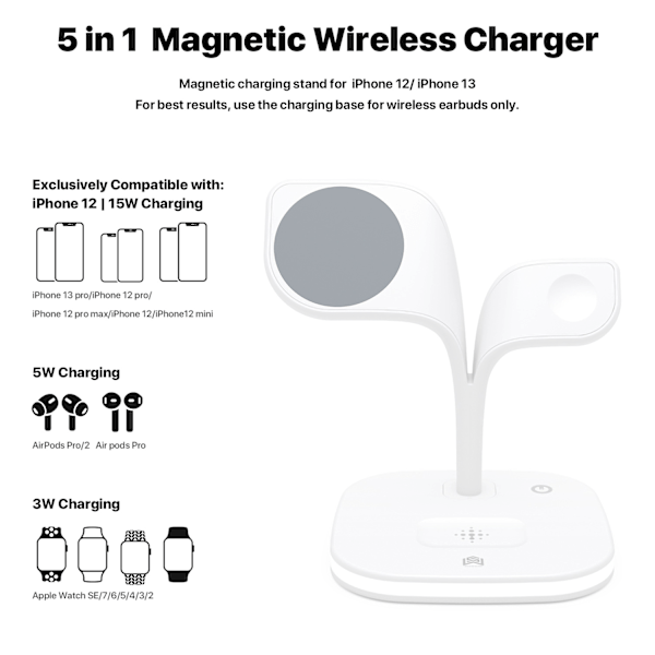 Vit magnetisk trådlös laddare, 3 i 1 snabb trådlös laddningsstativ för snabbare trådlös laddning på ett säkert sätt