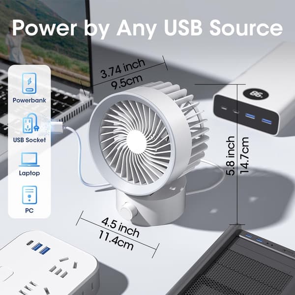 USB-bordvifte, kraftig luftstrøm, trinnløs hastighetskontroll, stillegående under 35 dB, for hjem, kontor, reise, grå, 11,2 x 9,4 x 14,5 cm
