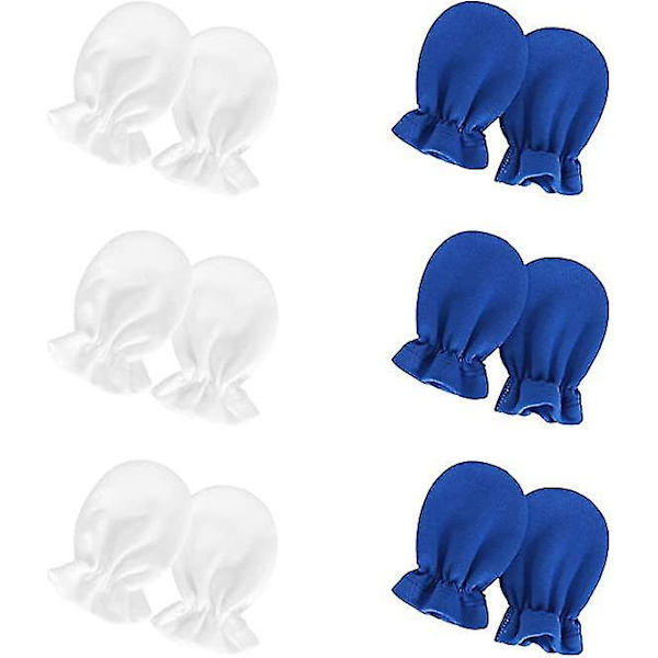 6 par nyfødte bomullsvotter Baby Soft Gloves Infant No Scratch Mitten (hvit, kongeblå, én størrelse)