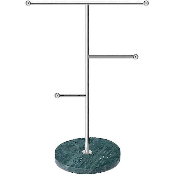 Smyckesorganisatör, metall T-bar halsband display stativ örhängen hållare för hem, hängande berlock stativ med marmor rund bricka (grön)