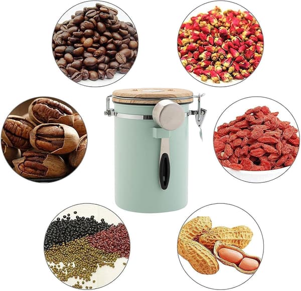 Kaffeboks lufttett 304 rustfritt stål med CO2-ventil og datospore for kaffebønner og malt kaffe, grønn 1,8L green