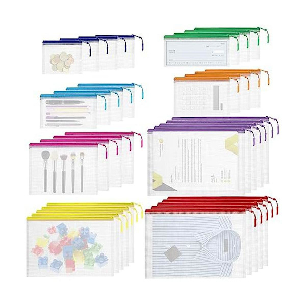 35 stk. mesh lynlåsposer, vandtætte lynlåseposer, 8 størrelser vandtætte plastdokumentposer, 8 farver