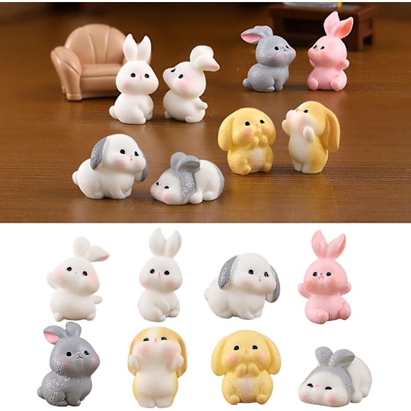 8 st Mini Kaniner Påsk Kanin Figuriner i Harts Mini Djur Fe Figuriner Moss Landskap Prydnader för Påsk