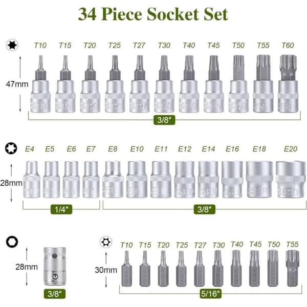 34 stk. Torx bitsæt, Star Torx bit T10-T55, Star Torx bit, Torx bitsæt T10-T60, E bitsæt E4-E20, Indvendig og udvendig Torx, Torx bitsæt