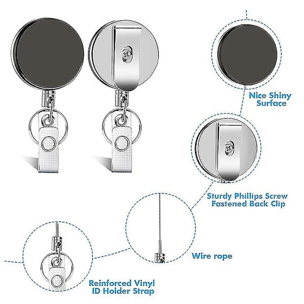 Högpresterande Retraktionsbara Nyckelringar Nyckelhållare Märkesrulle Klipp (2st, Silver)