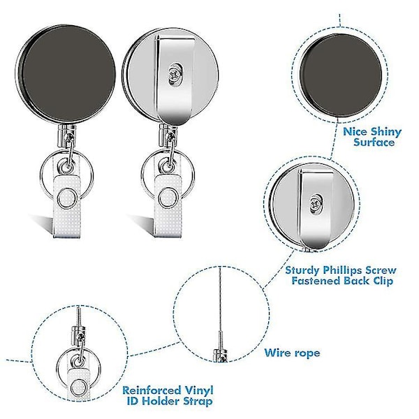 Slidestærke Trækbare Nøgleringe Nøgleholder Badge Reel Clips (2 stk., Sølv)