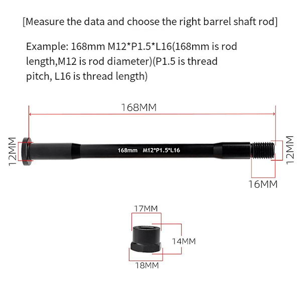 Polkupyörän läpiakseli alumiiniseos pyörän navan putki akseli M12xp1.5xl16 168mm pyörävarusteet