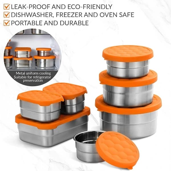 Snackbeholdere i rustfrit stål med silikonelåg, lækagesikker 3-pak til børn og voksne, 180 ml orange
