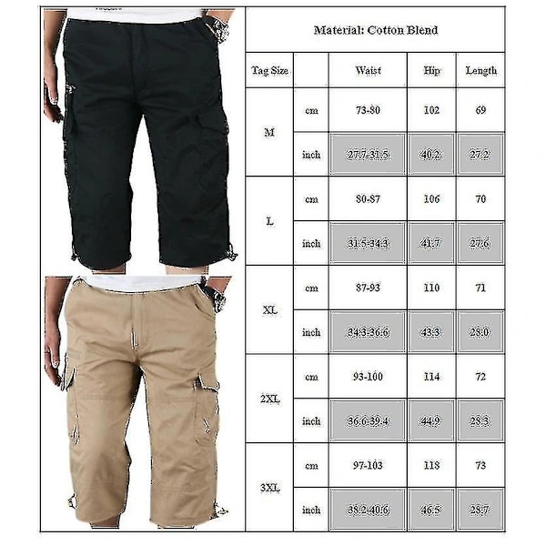 Herr 3/4 Långa Elastiska Midjeshorts Cargo Combat Trekvartsbyxor Khaki Khaki M