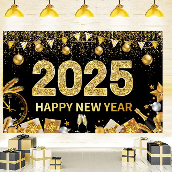 Svart Happy New Year Bakgrund, 2025 Happy New Year Eve Bakgrund Party Dekoration, kan användas under lång tid