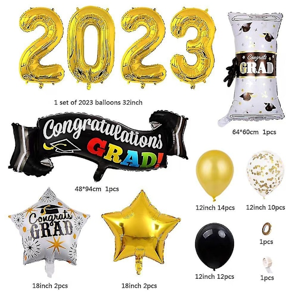 Vuoden 2023 valmistujaisjuhlan koristetarvikkeet - Onnitteluballoonit lateksista ja folioista