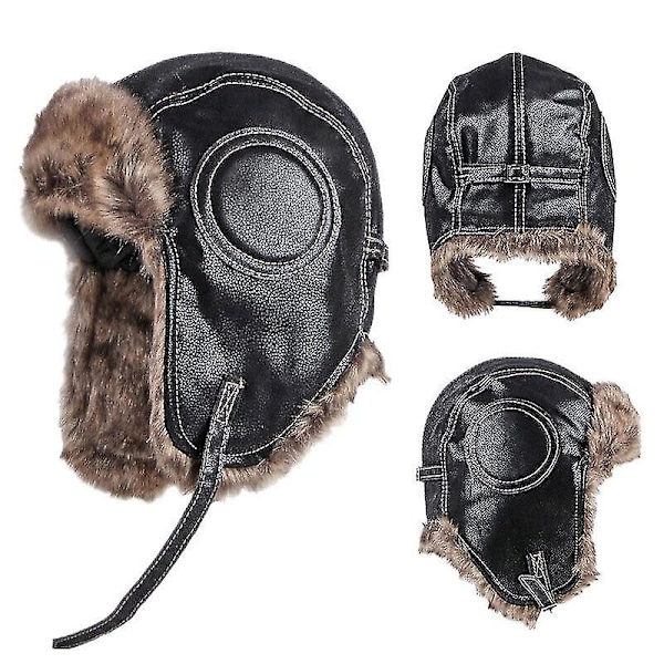 Pilot Aviator Faux Læder Pels Ushanka Vinter Russisk Ski Militær Flyverhue