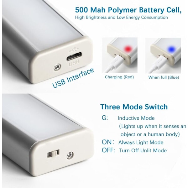 Sett med 3 10 LED-lys, trådløse, USB-oppladbare, magnetiske, bevegelsessensor, 2 lysmoduser, bærbare. Skapbelysning, nødbelysning.