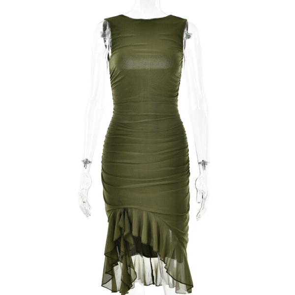 2023 vår och sommar ny crewneck ärmlös klänning kvinnligt mode säljer sexigt livstycke grimma vik MIDI-kjol Army green M