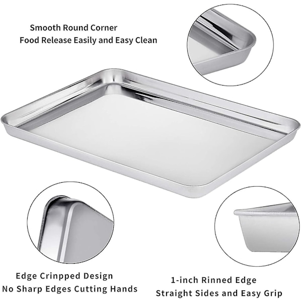 Sett med 2 bakebrett i rustfritt stål, stekebrett for ovn, giftfritt og sunt, speilblankt, rustfritt, lett å rengjøre, tåler oppvaskmaskin