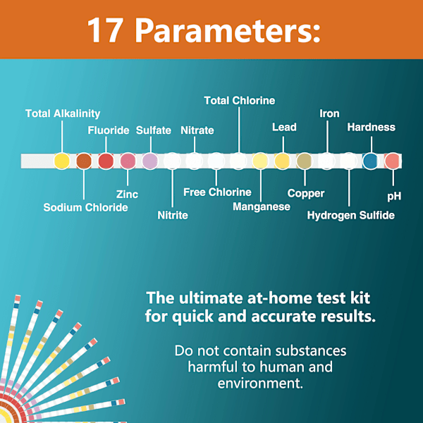 Vattenprovningssatser för dricksvatten: Vattenprovningssats, remsor med hårdhet, bly, järn, koppar, klor och mer