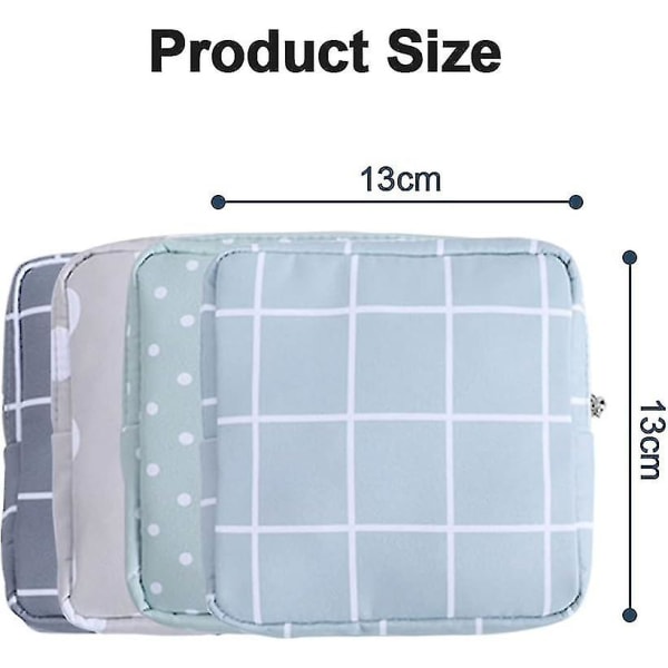 Sanitærbindoppbevaringspose, 4-pakning vanntette sanitærbindposer med glidelås (polkadot + rutenett)