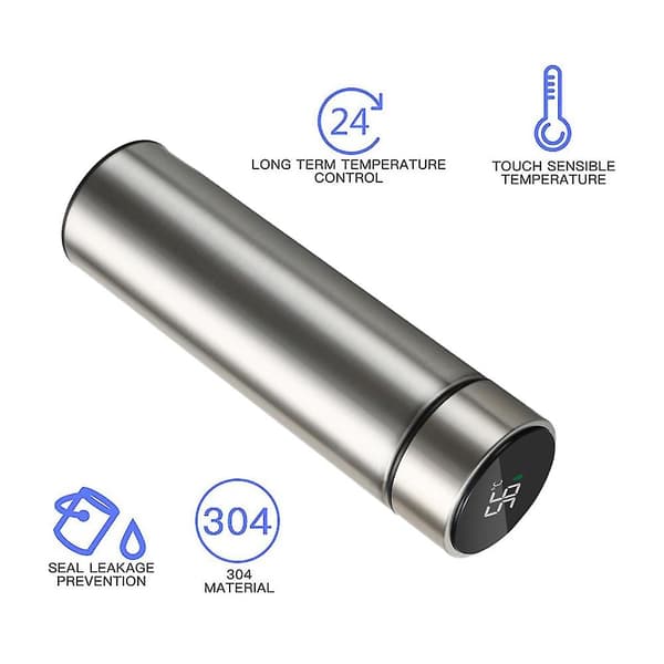 Water Bottle with LED Temperature Display, Double Wall Vacuum Insulated Water Bottle Black Silver silver