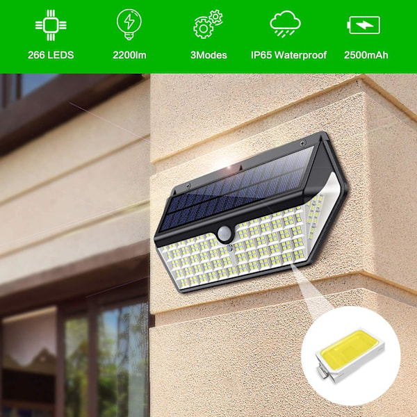 266 LED Udendørs Solcellelys, Ultra-lysstærkt 2500lm/2200mah Bevægelsessensor Udendørs