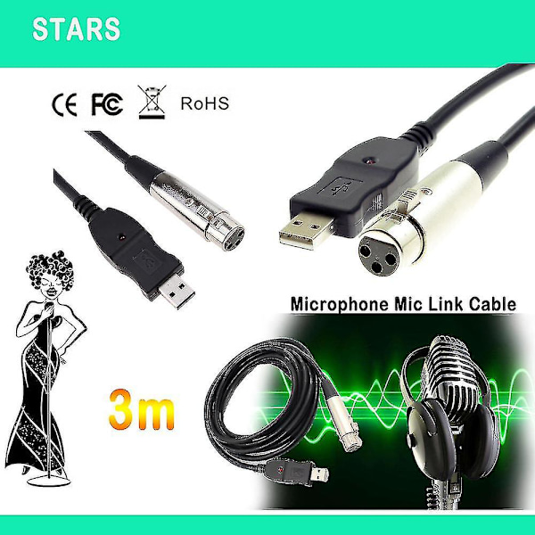 3m USB Mikrofon Mic Link Kabel Adapter Han XLR Hun Til Pc Til Notebook Mac