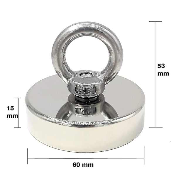 Super Stærk Neodymium Magnet 120 Kg - Stærke Magneter - Ideel Til Magnetisk Fiskeri - 60 Mm Med Neodymium Øje