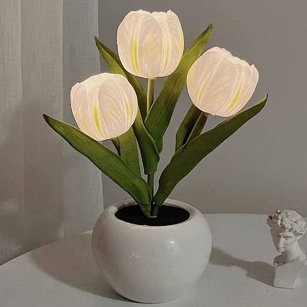 Tulipan Nattlys med Keramisk Vase Simulering LED Bordlamper med Batteri, Bordlamper Dekorasjoner for Stue (Hvit)