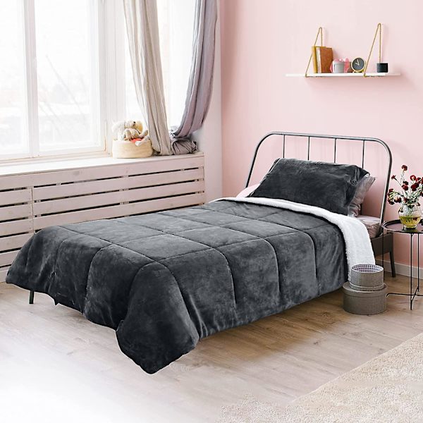 Twin Size Fleece Sherpa Dynebetræk Sæt 2stk, Fluffy Varm Blød Sengetøj Quiltdynebetræk Sæt, Grå, 160 X 220cm, 1 Dyne Og 1 Pudebetræk