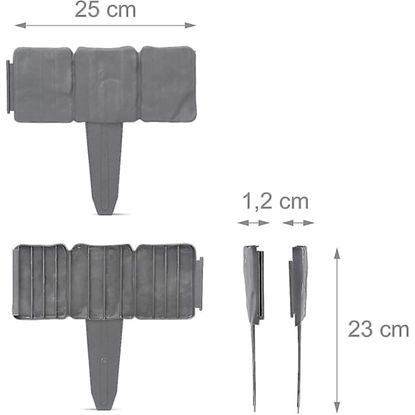 Pakke med 10 - Hagekantmodul med steineffekt 25 x 10 cm - Grå 2,5 lineærmeter - Kant for gjerde, blomsterbed, plantasje - Fleksibel plast